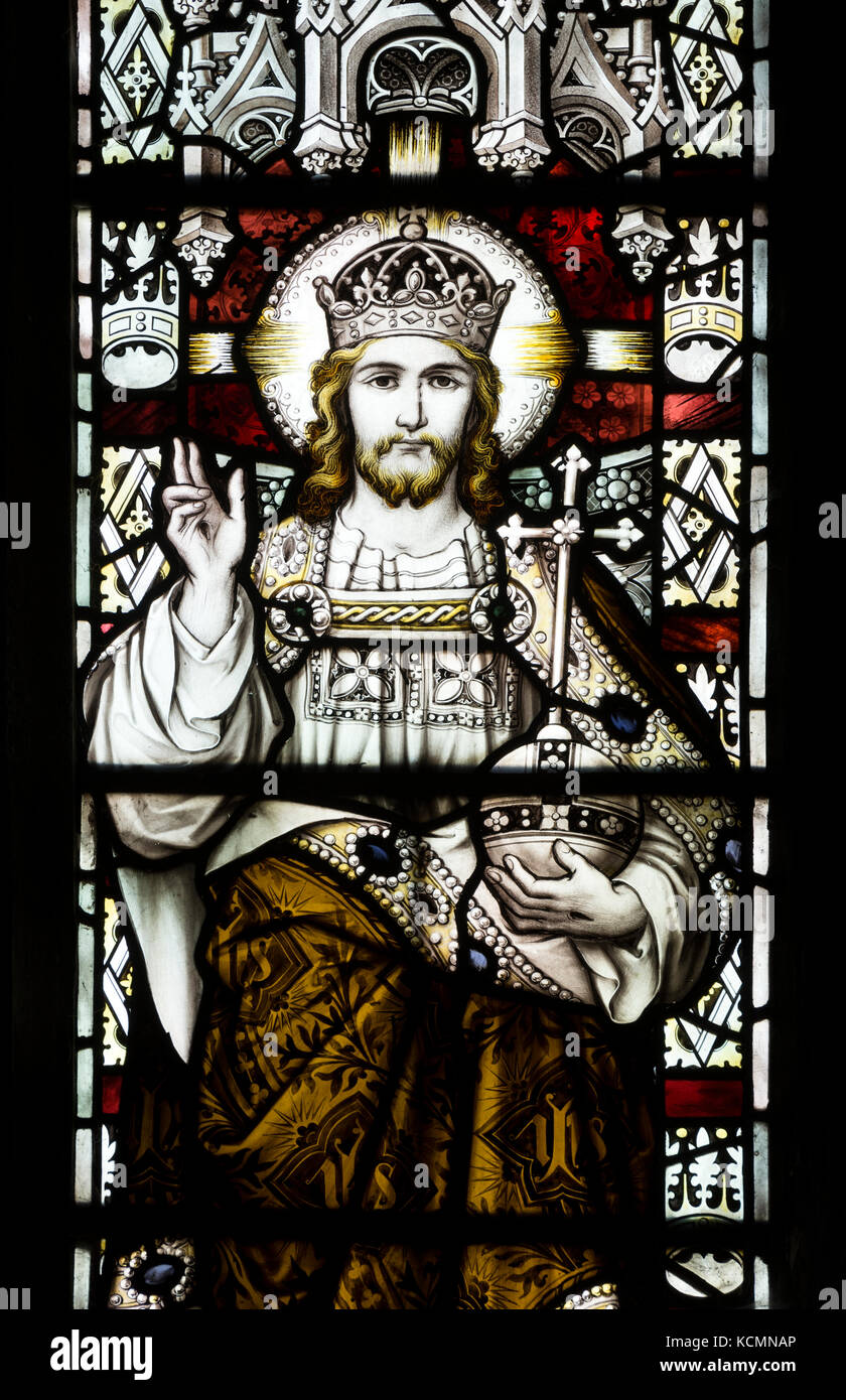 Christ stained glass, St. Wilfrid`s Church, North Muskham, Nottinghamshire, England, UK Stock Photo